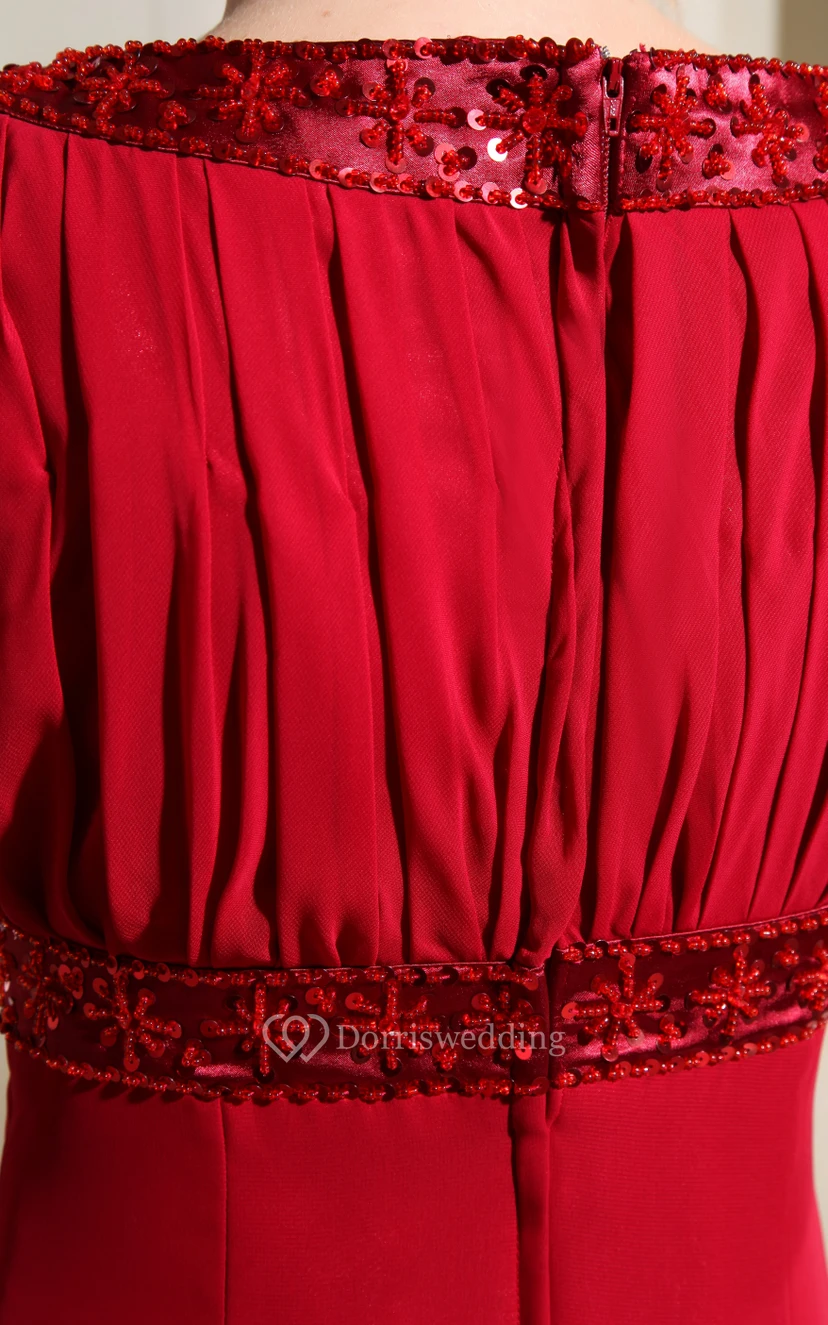 Chiffon Short-Sleeve Floor-Length Dress With Beading and Ruching view 6