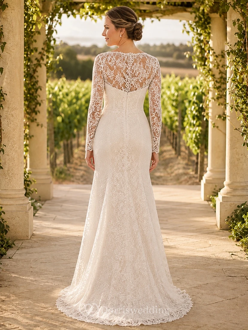 Bridal Lace Jewel Neck Long Sleeve A-Line Sweep Train Wedding Gown view 2