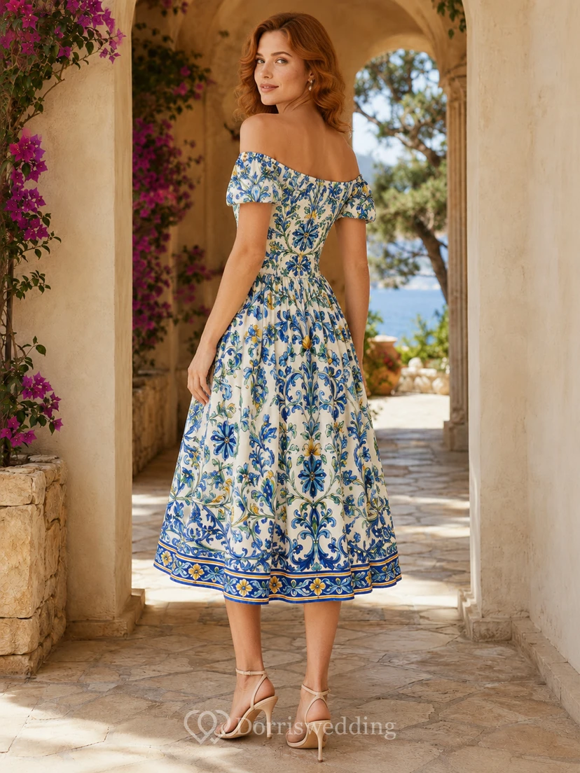 Blue Italian Ceramic Off Shoulder Puff Sleeve Midi Guest Dress view 2