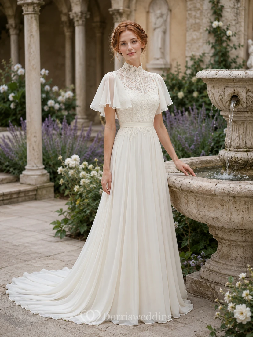 High Neck Flutter Sleeve Modest Chiffon Chapel Wedding Dress