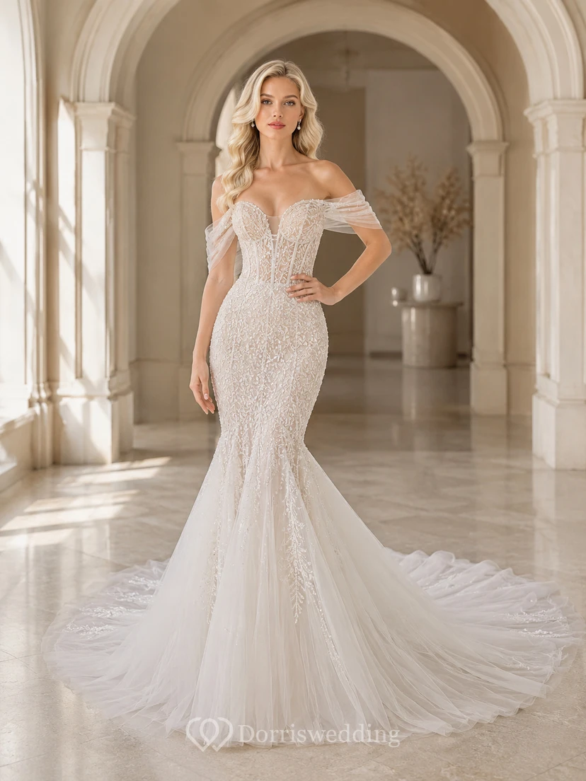 Robe de mariée sirène élégante en tulle et dentelle florale à épaules dénudées et traîne chapelle