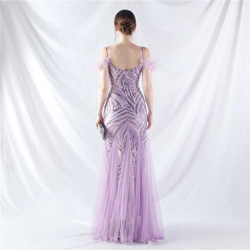 Crafted Ostrich Feather Stacked Sequins Splicing Mesh Gauze High-End Evening Dress Clothes view 96
