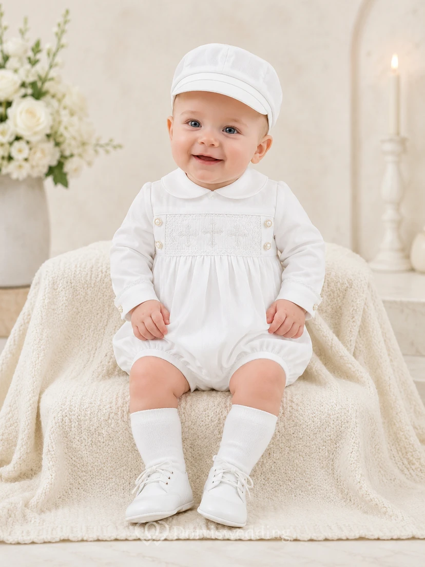 White Smocked Bib Long Sleeve Baby Blessing Bubble Romper for Baby Boy