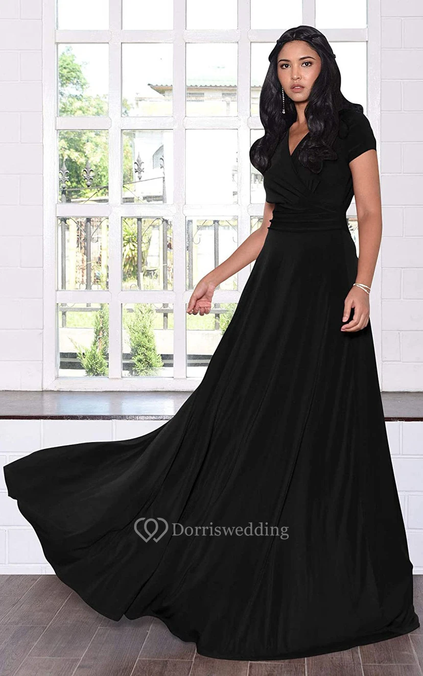 Modern Jersey V-neck Short Sleeve Mother Dress With Criss Cross and Pleats view 6