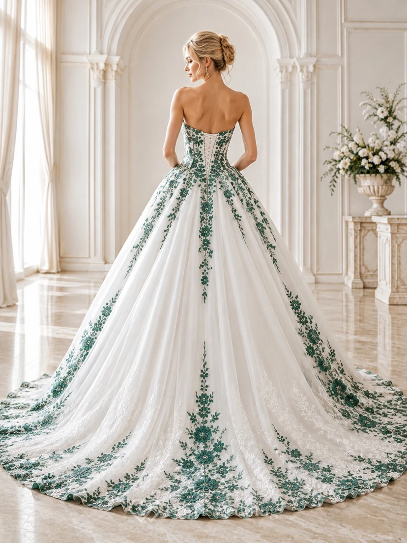 Emerald Lacework Bridal Ball Gown Strapless Sleeveless Cathedral Train Romantic Elegant Gown view 2