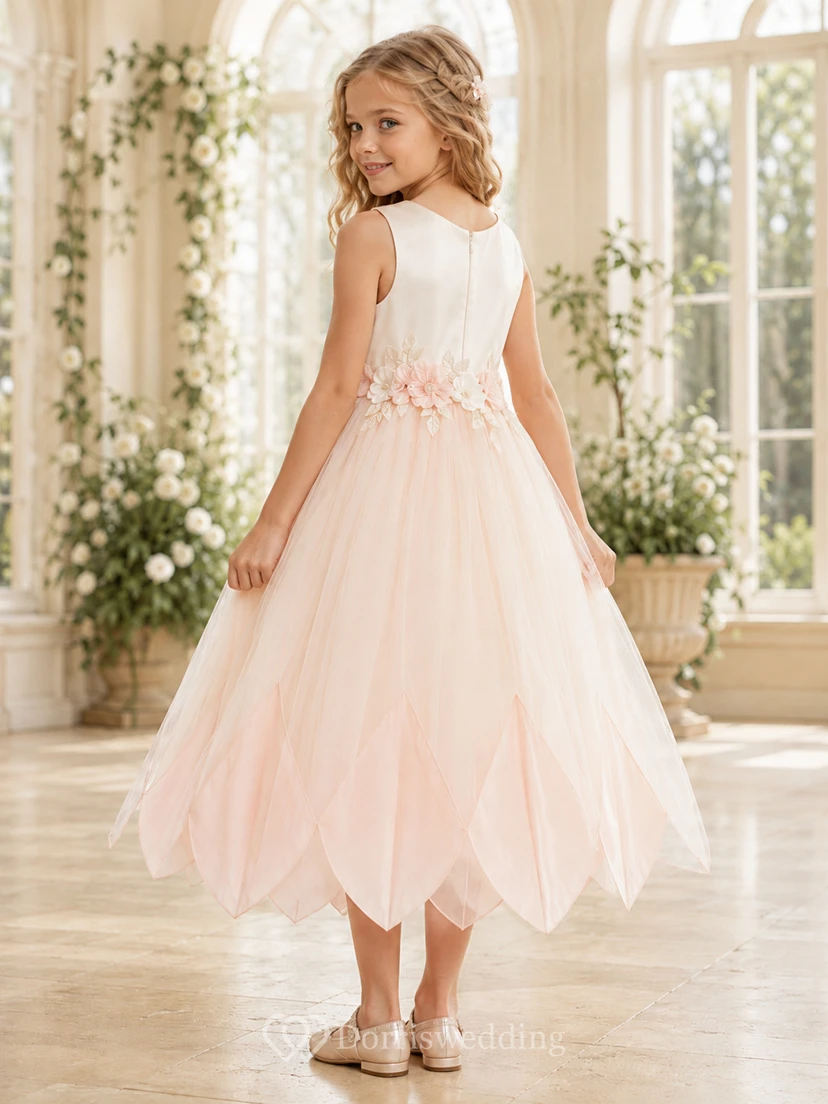 Blush Petal Hem Flower Girl Gown with Sleeveless Tulle A-Line, Floral Waist Applique, Sculpted Skirt, and Tea-Length Finish view 2
