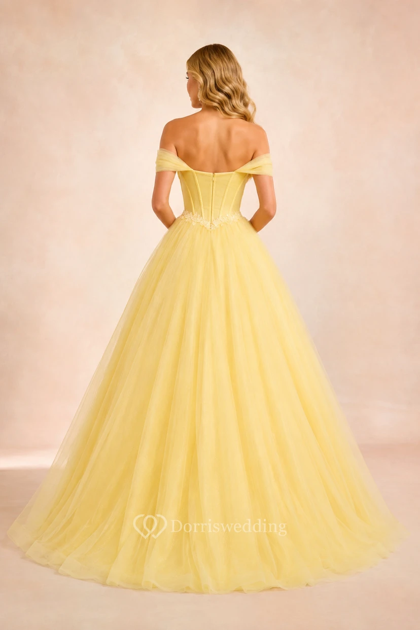 Narzissengelbes schulterfreies Tüllballkleid mit herzförmigem Korsett-Oberteil view 2