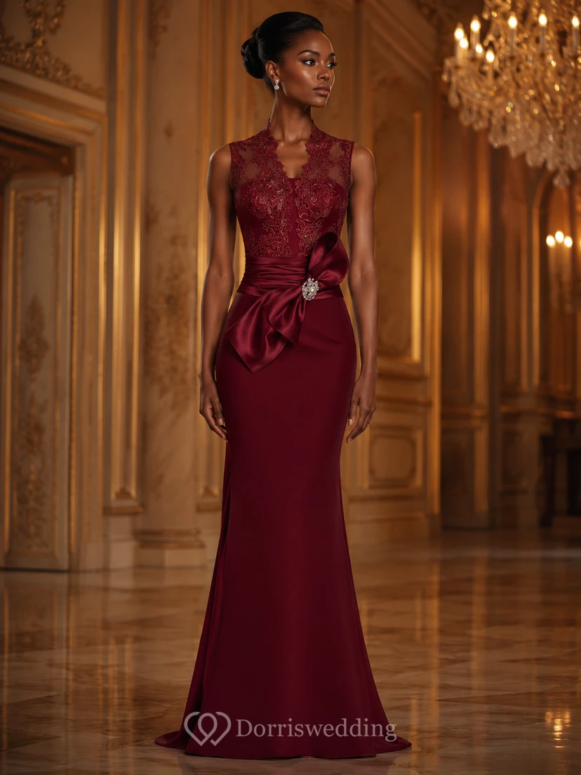 Sheath V-Neck Bowed Floor-Length Sleeveless Jersey&Lace Prom Dress With Appliques view 5