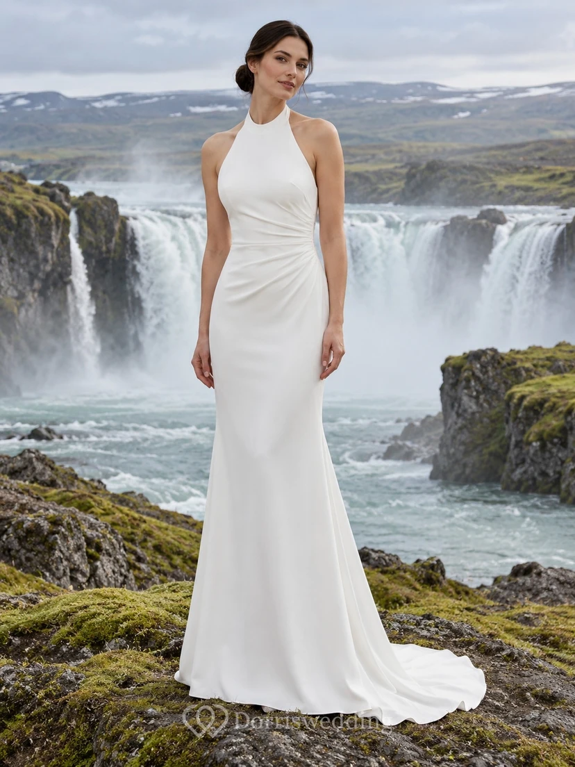 Simple Halter Neck Crepe Sheath Wedding Dress with Ruched Waist and Open Back