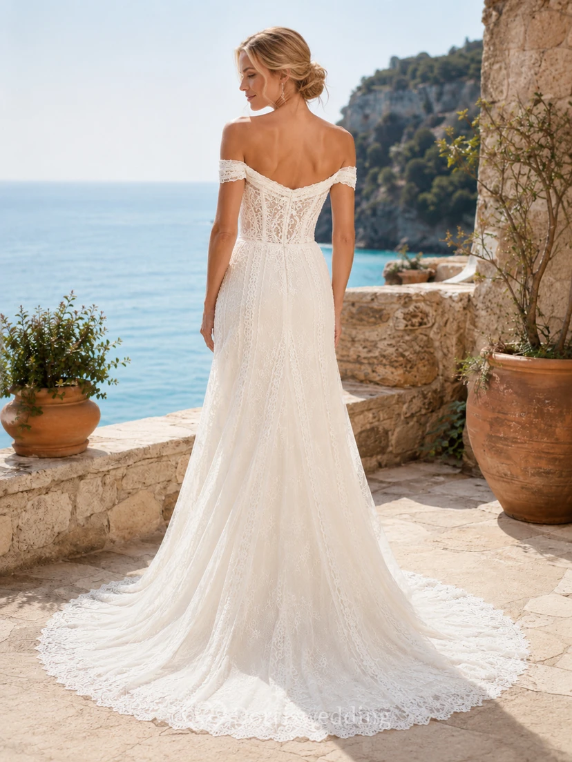 Mediterranean Off Shoulder Cap Lace Mermaid Chapel Train Outdoor Wedding Dress view 2