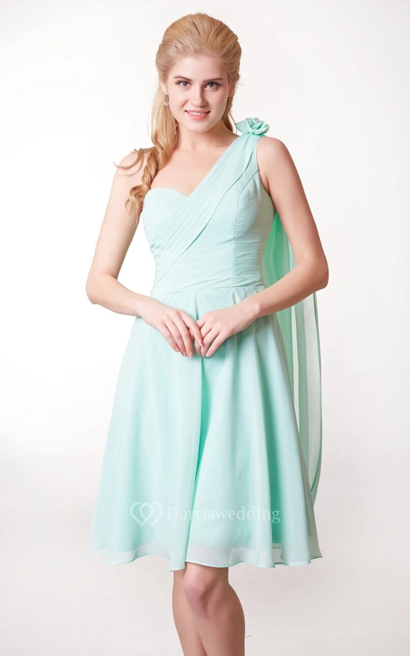 Floral One Shoulder Side Draped Knee Length Chiffon Dress view 2