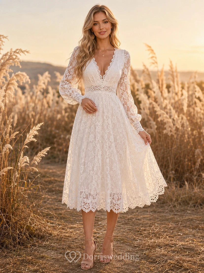Bohemian White Tea-Length V-Neck Long Sleeve Country Lace Dress Rustic