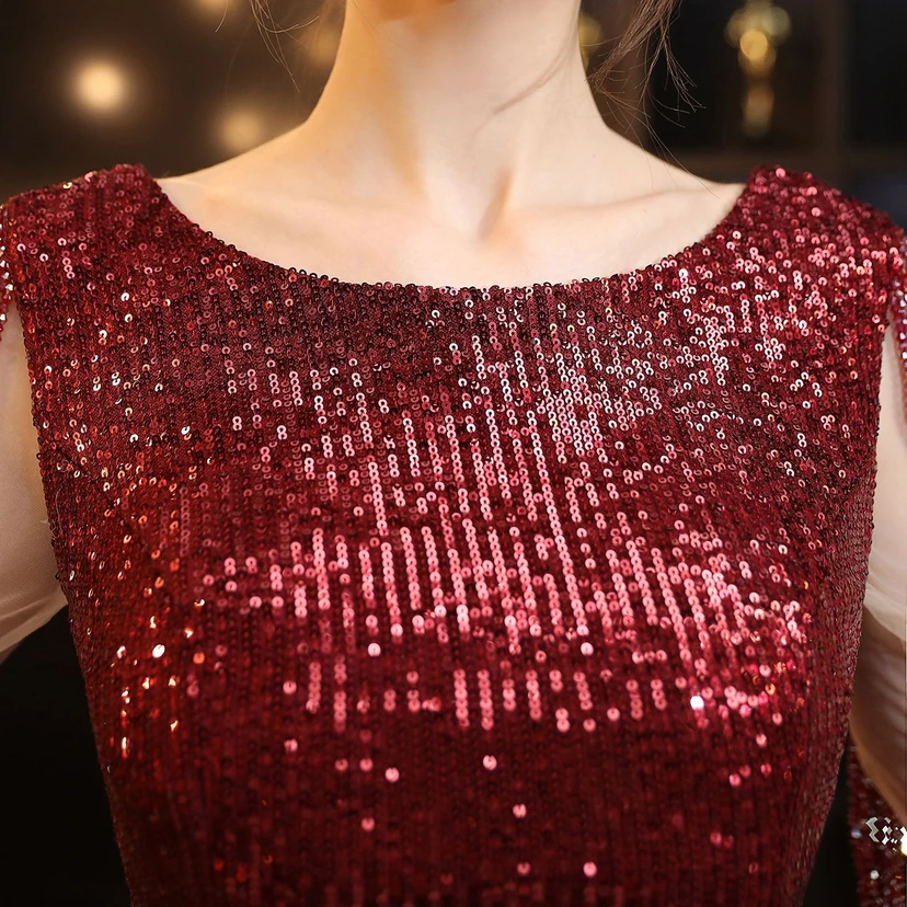 Vestido de noche elegante, largo, sin mangas, con lentejuelas y cola de sirena, estilo banquete. view 45