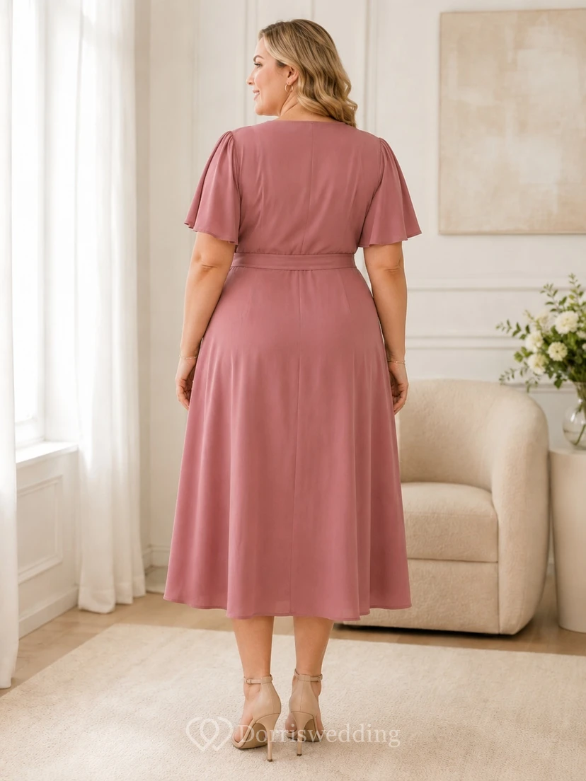 Dusty Rose V-Neck Short-Sleeve Jersey A-Line Tea-length Plus-Size Sash Guest Dress view 2