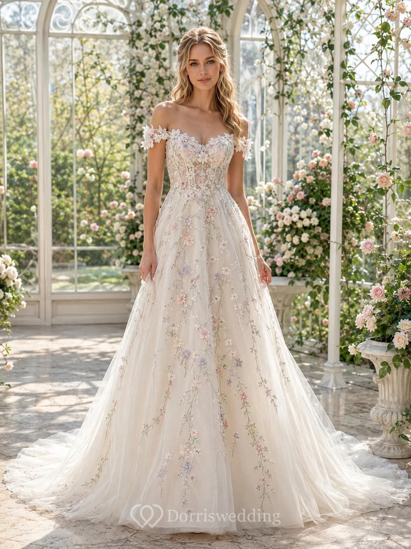 Pastellfarbenes, besticktes, schulterfreies Brautkleid im A-Linien-Schnitt im Frühlings-Gewächshaus-Stil