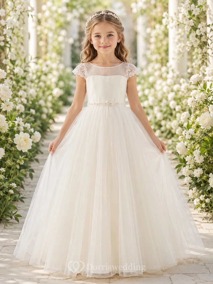 Einfaches Tüllkleid mit Schleife für Blumenmädchen