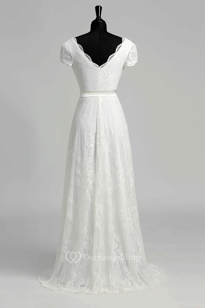 A Line Garden Cap Short Sleeve Wedding Dress view 4