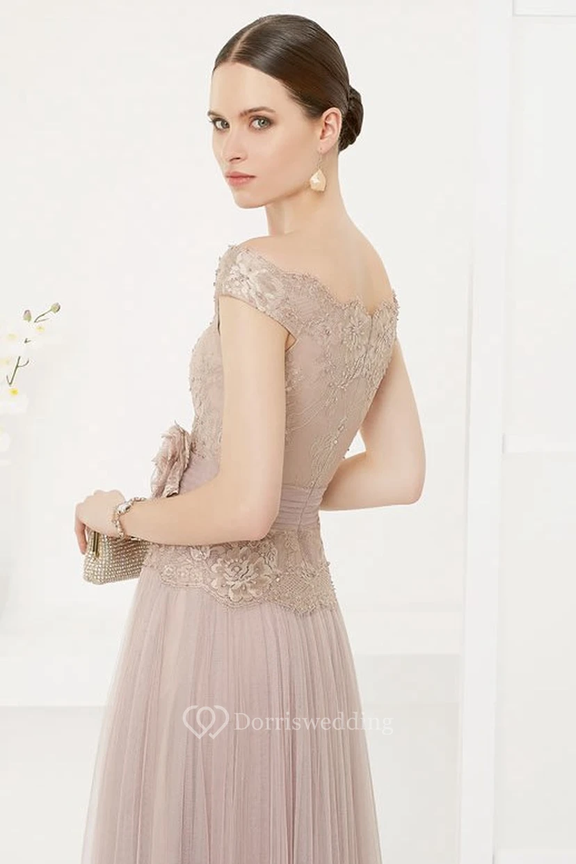 Off Shoulder A-line Tulle Long Dress With Lace Top And Flower Sash view 2