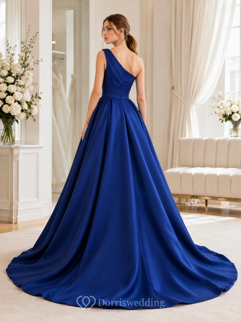 Robe de mariée de bal plissée asymétrique en satin saphir view 2