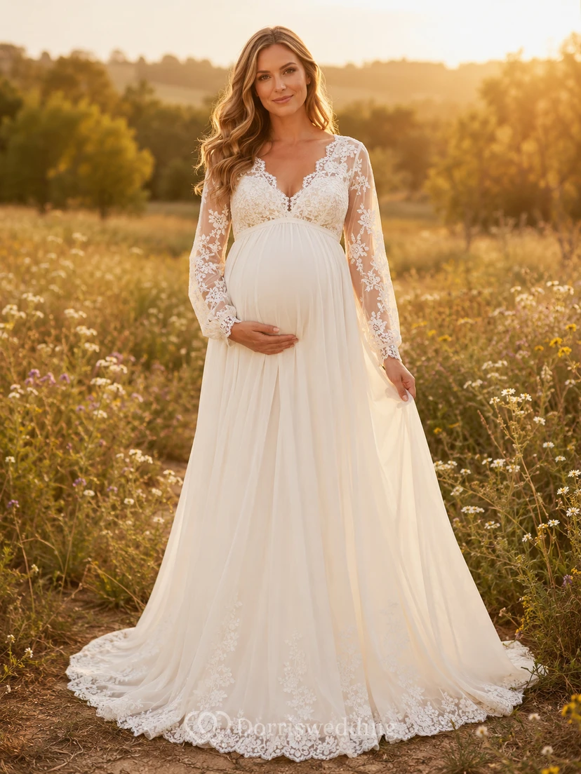Boho A-Line Maternity Wedding Dress V-Neck Long Lace Sleeve Gown with Low Back