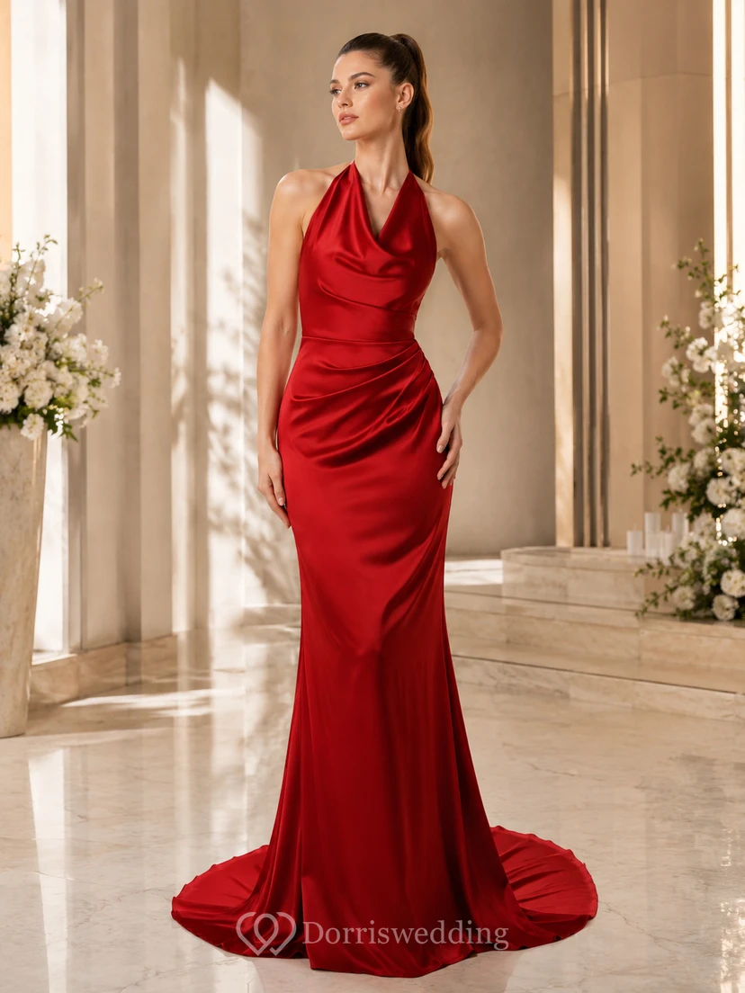 Red Halter Cowl Neck Draped Satin Sheath Wedding Gown