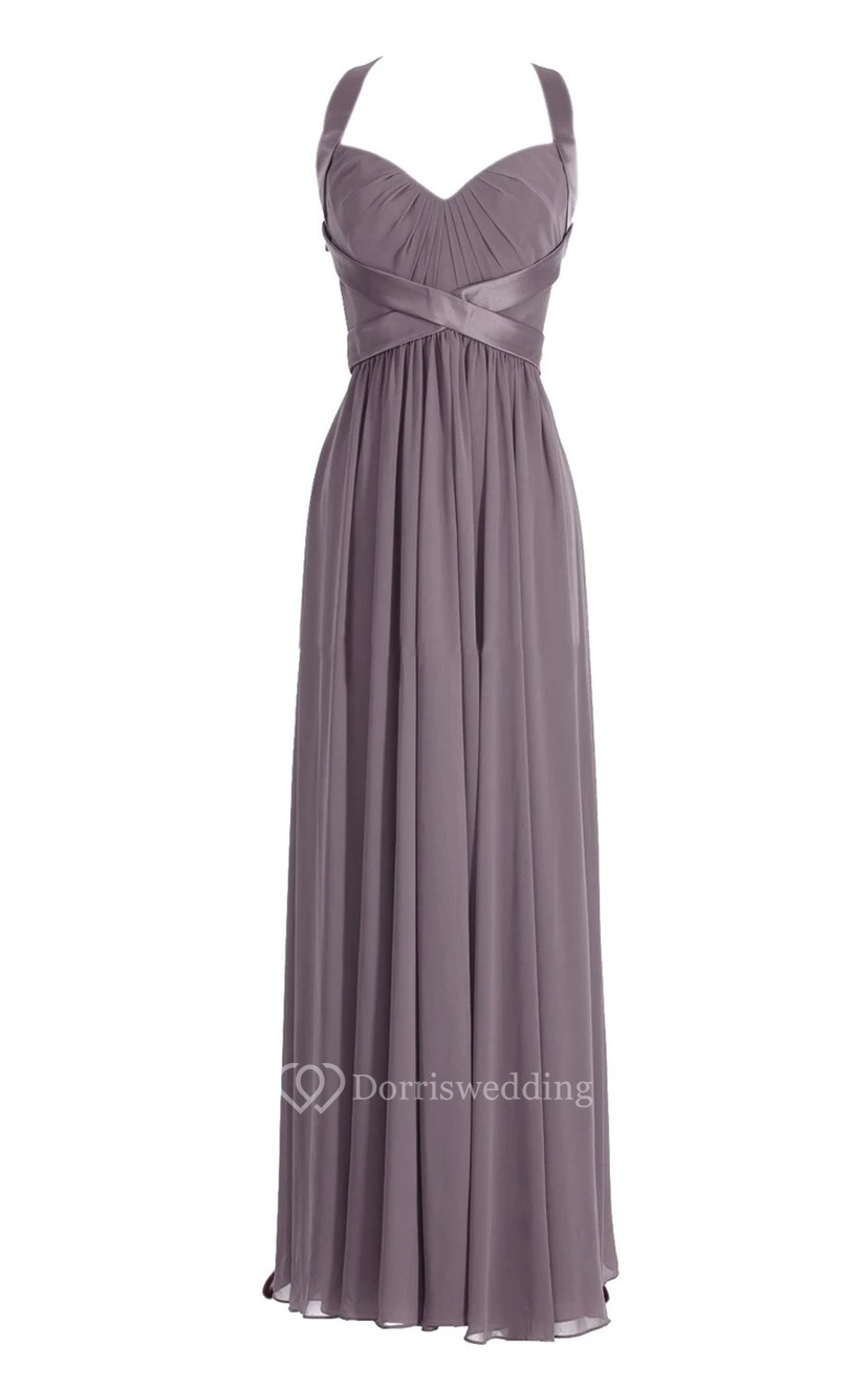 Halter Pleated Chiffon A-line Gown With Deep-v Back view 21
