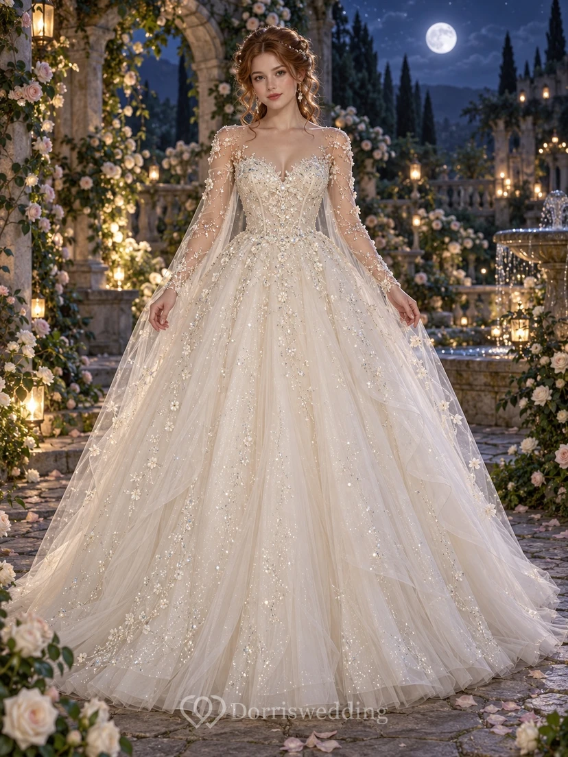 Fairy Long Sleeve Beaded Floral Tulle Ball Gown Wedding Dress