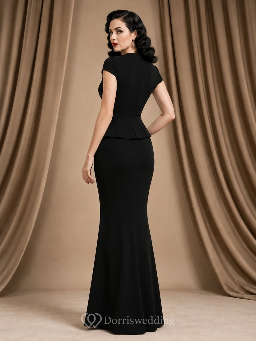 Black Vintage Bodycon Sweetheart Short-Sleeve Floor-Length Formal Dress view 2