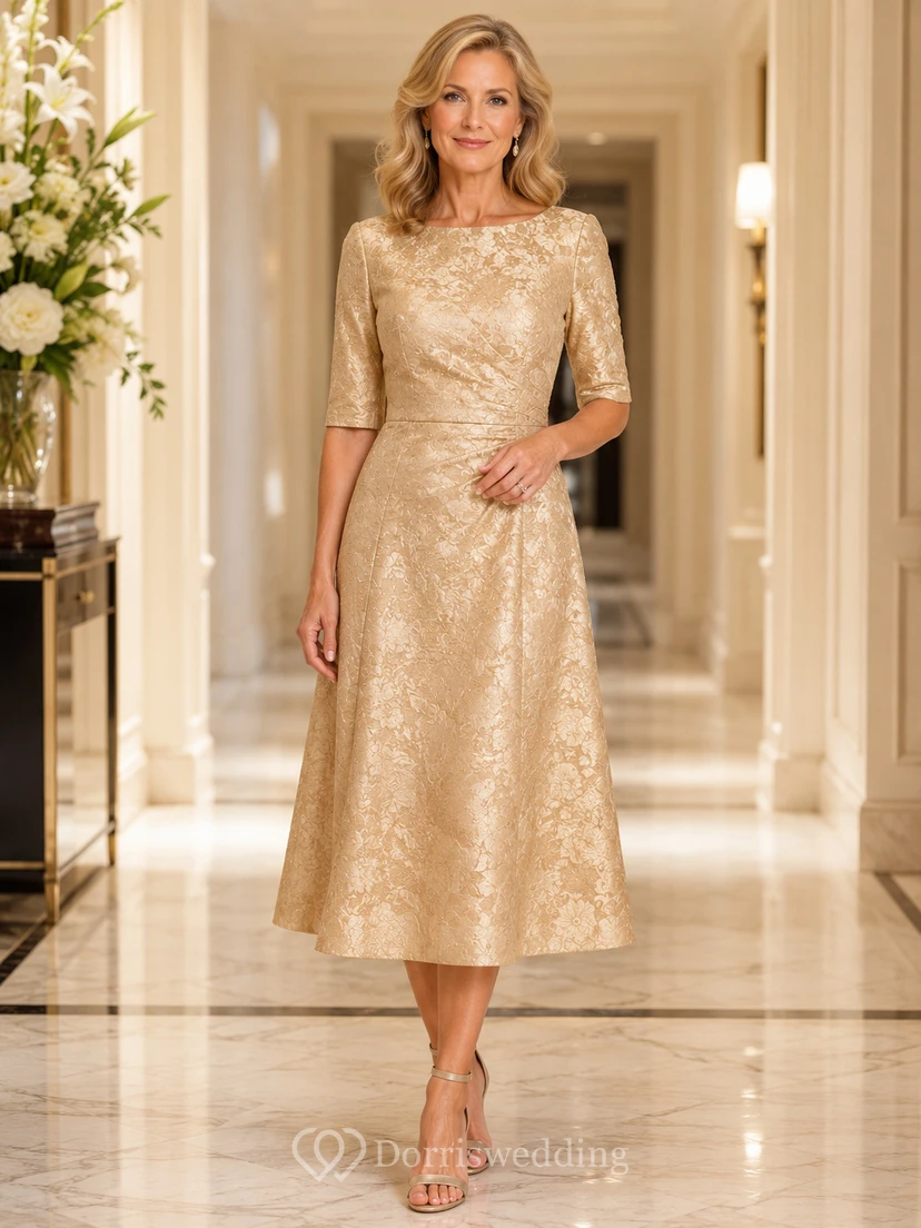 Soft Gold Vintage Bateau Jacquard A-Line Tea-Length Mother of the Bride Midi Dress with Three-Quarter Sleeves