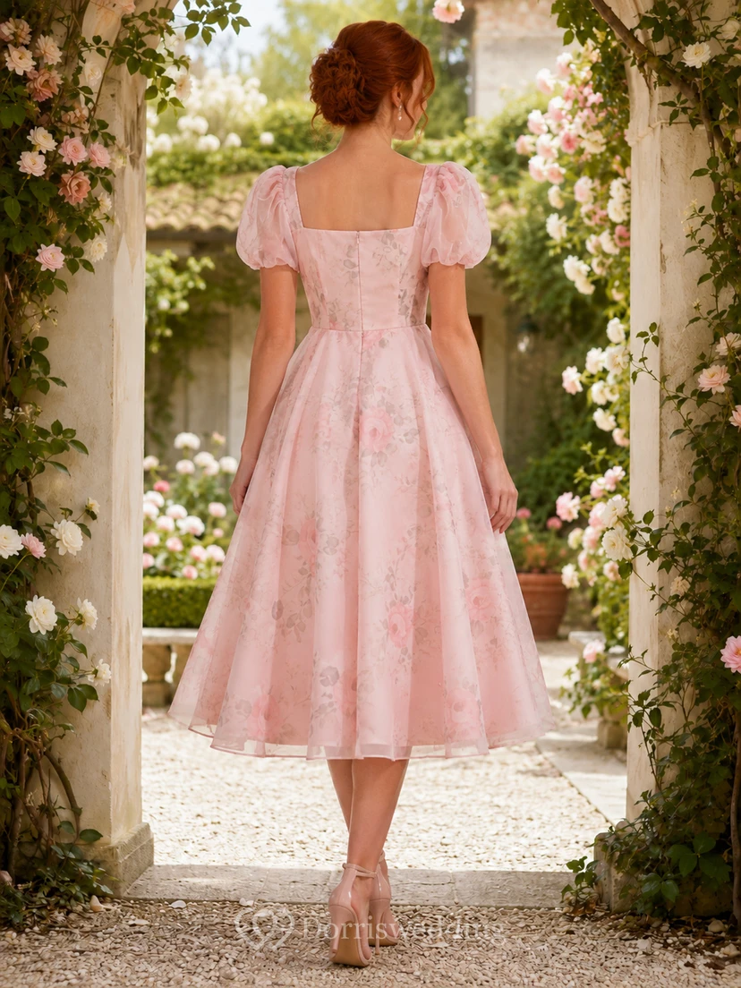 Blush Courtyard Garden Wedding Guest Dress A-Line Chiffon Tulle Square Neck Short Sleeve Tea-Length Floral view 2