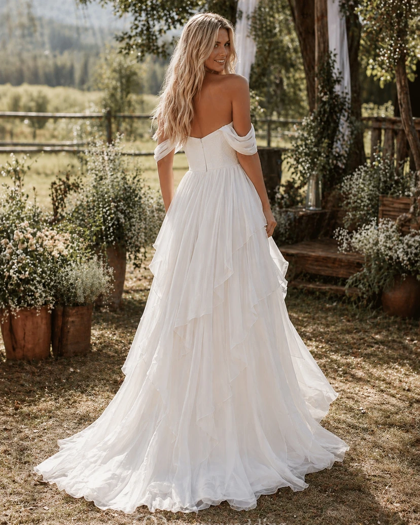 Off-the-shoulder Sweetheart Ethereal Chiffon Floor Length Boho Wedding Dress view 2