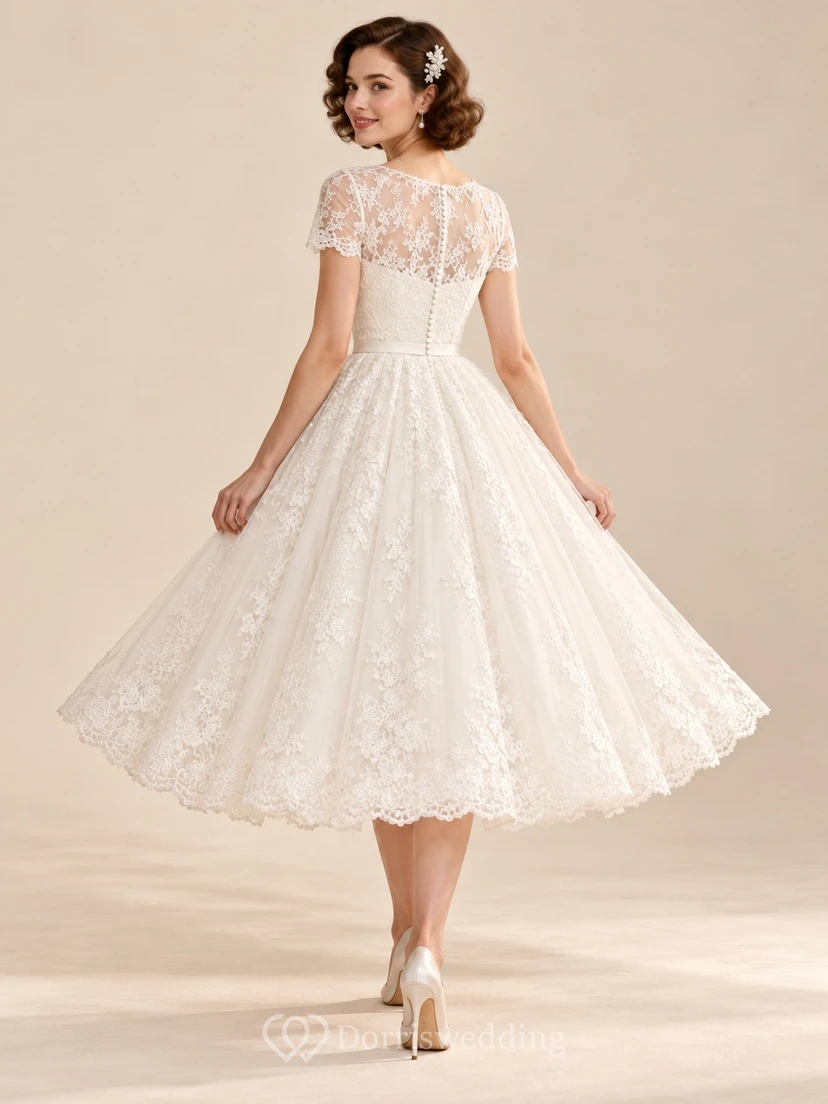 Tea-length Short Sleeve Illusion Floral Lace A-line Wedding Dress view 2