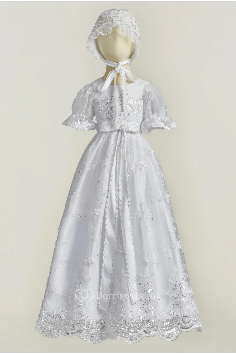 Cute Elegant Christening Gown With Lace And Bow