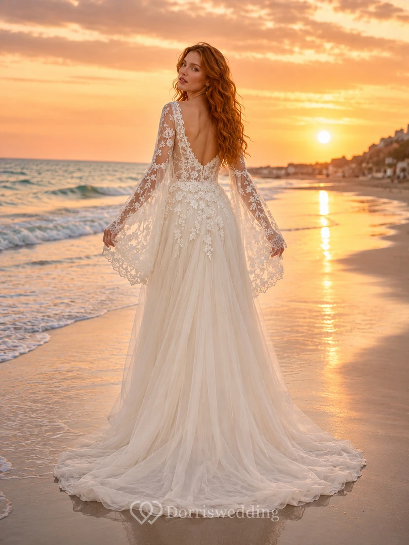 Sweetheart Bell Sleeve Lace Beach Chapel Wedding Dress view 2