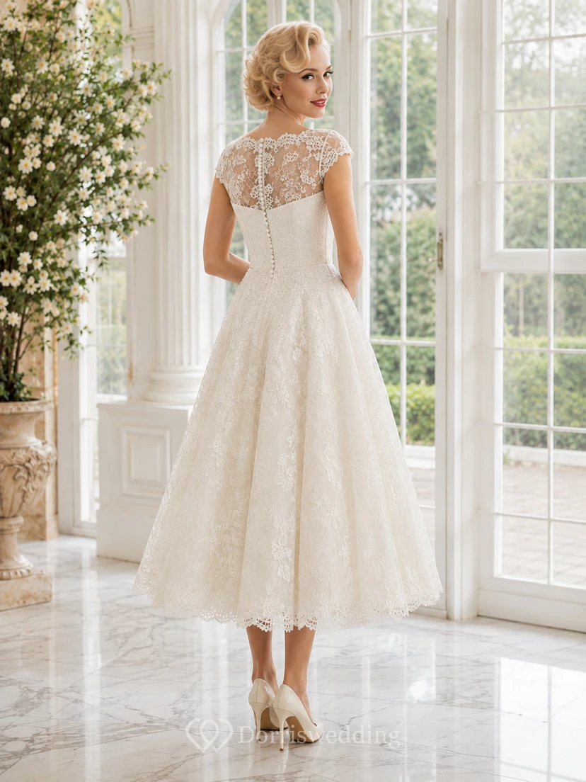 1950s Vintage Jewel Neck Cap Lace Sleeve A-Line Tea-Length Wedding Dress view 2