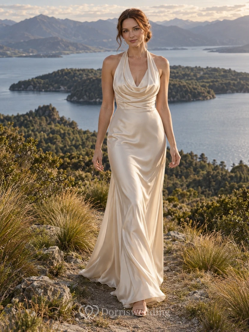 Schlichtes champagnerfarbenes Brautkleid aus Satin mit Neckholder und Wasserfallausschnitt, rückenfrei
