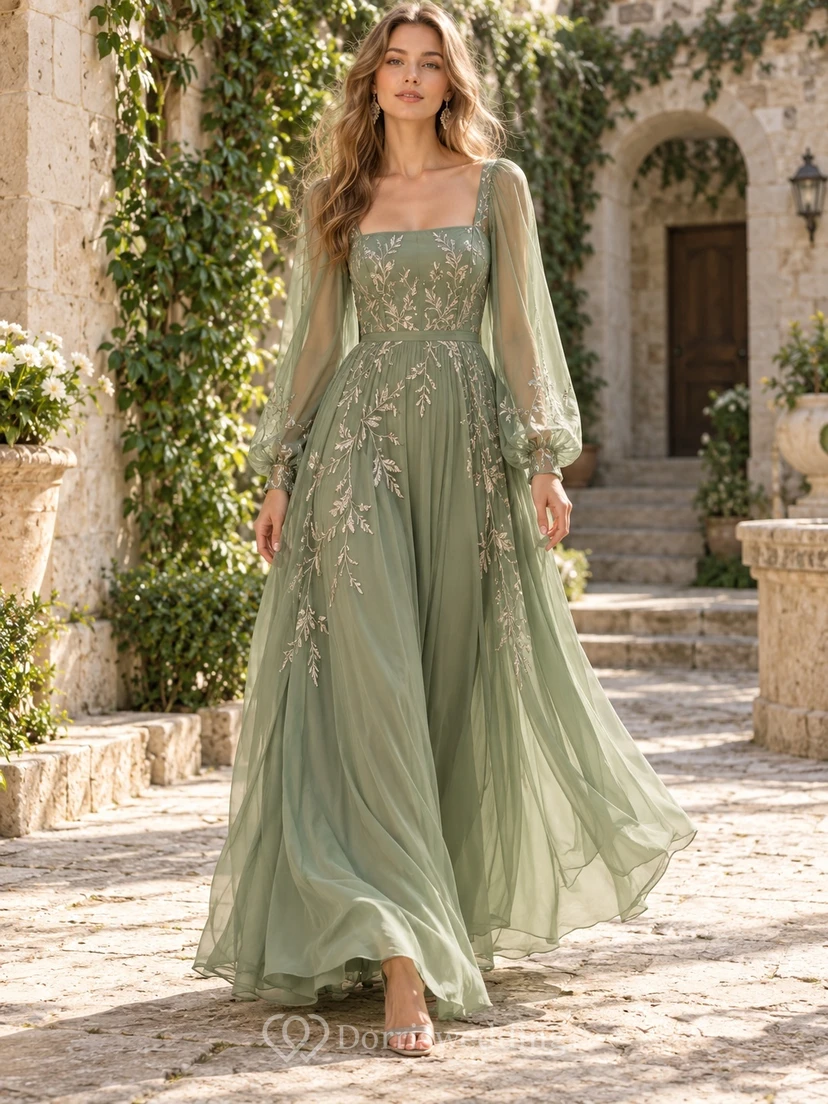 Robe de soirée en mousseline brodée de fleurs, couleur sauge, manches longues et col carré