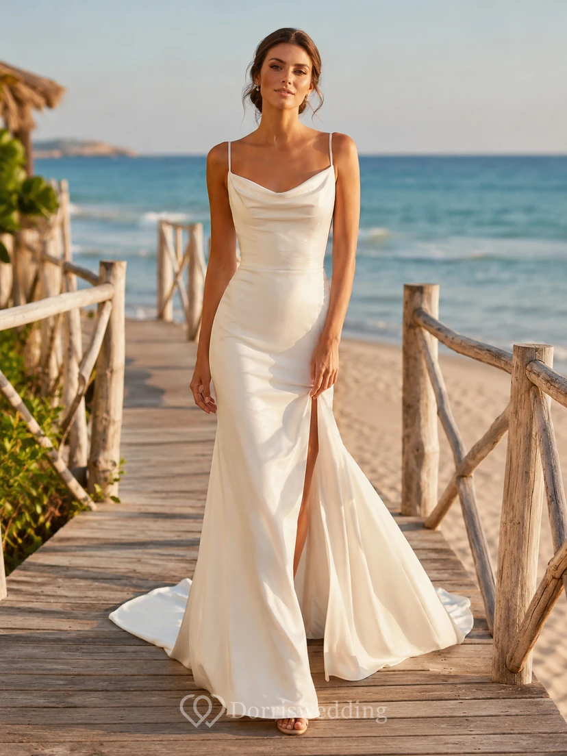 Sexy Satin Vestido Noiva Praia Sheath Cowl Neck Spaghetti Backless Split Train