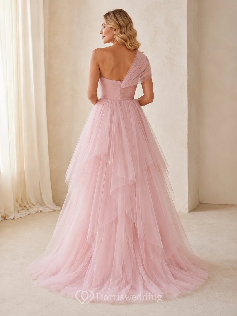 Blushing Pink Off-the-Shoulder Short Sleeve Layered Tulle Ball Gown Dress view 2