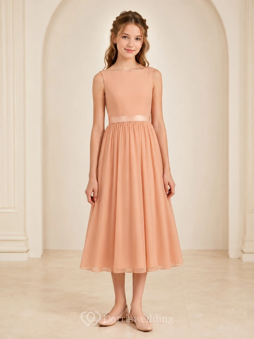 Korallenfarbenes Brautjungfernkleid, A-Linie, Teelänge, mit Schmucksteinen, ärmellos, klassisches Oberteil, romantisch