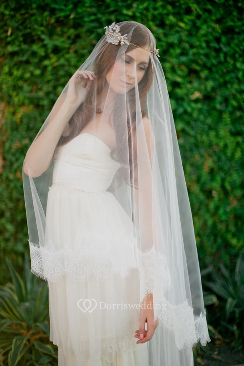 Lace Applique Long Trailing Soft Veil with Lace Edge