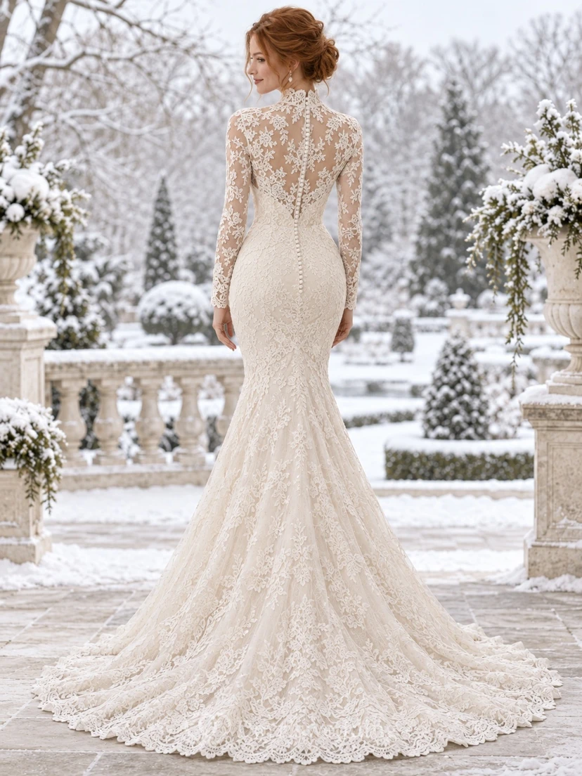 Vestido de novia de sirena con cuello alto, manga larga y cola de encaje de hojas view 2