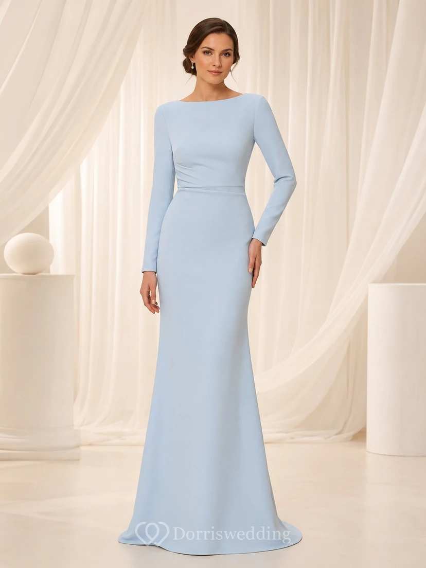 Modest Sky Blue Bateau Long Sleeve Crepe Mermaid Floor-Length Formal Gown
