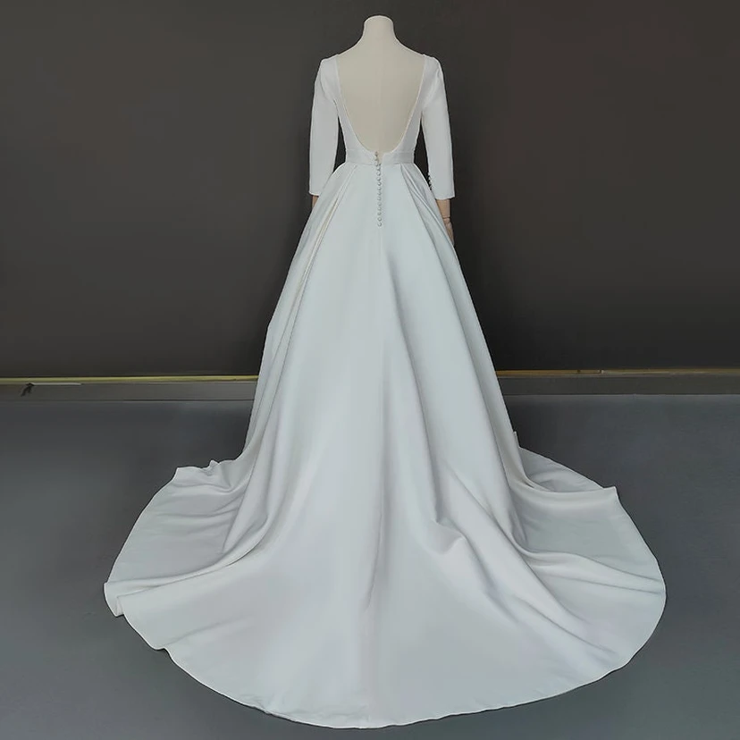 Vestido de novia liso de corte A, manga larga, satén, modesto view 6