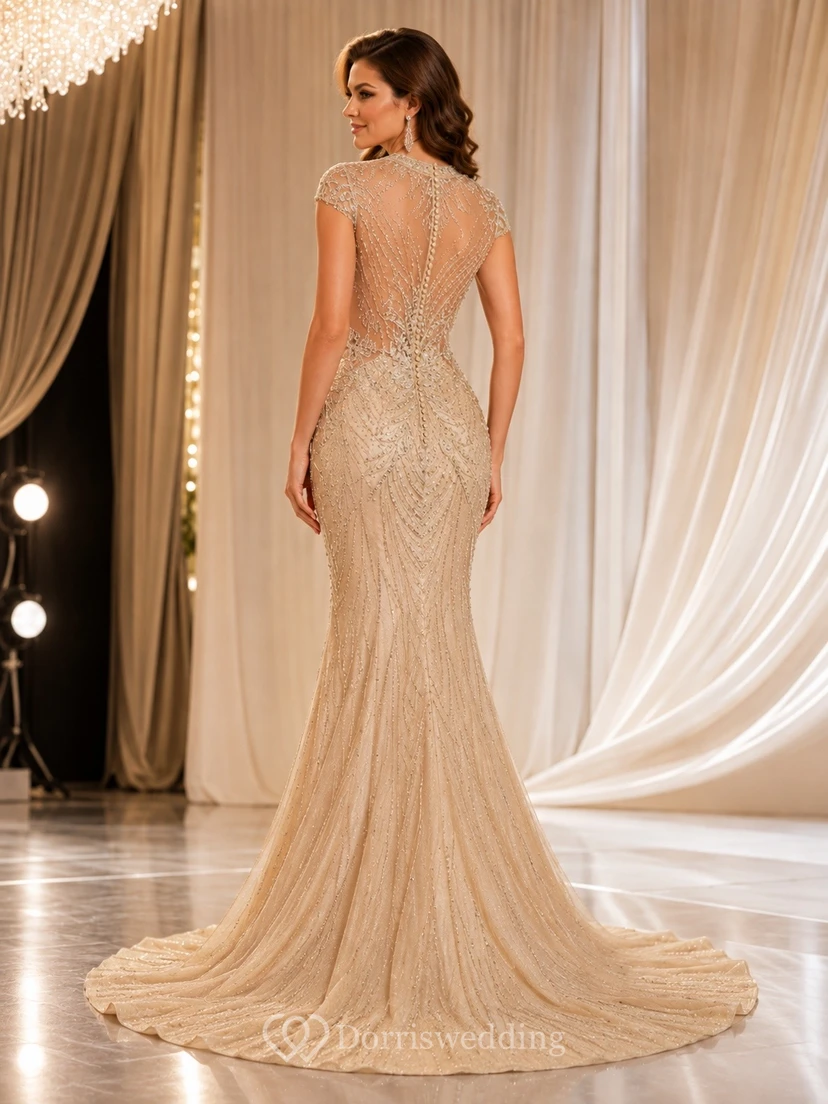 Champagne Jewel Neck Sleeveless Beaded Sequined Mermaid Pageant Dress view 2