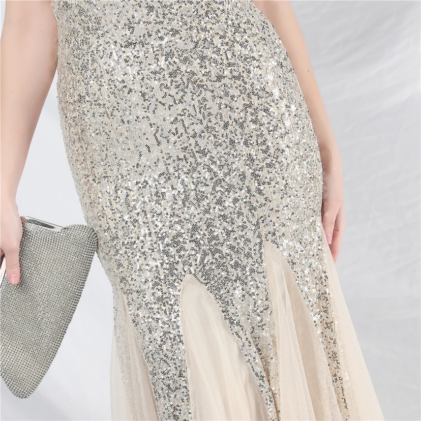 Craft Ostrich Feather Mesh Sequined Long Evening Dress view 18