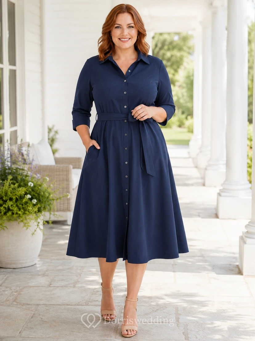 Dark Navy Cotton Button Front 3/4 Sleeve A-Line Notched Neck Tea Length Plus Size Dress