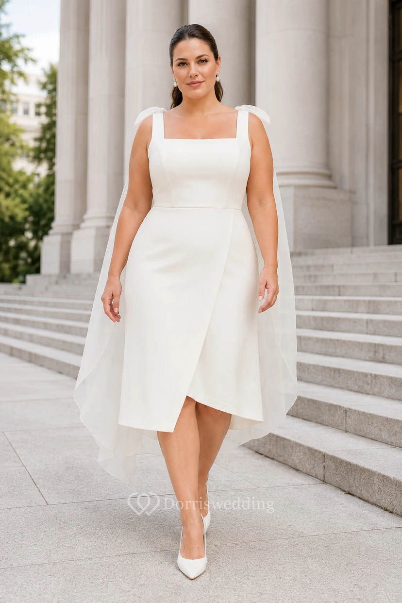 Robe de mariée grande taille en satin, col carré, longueur thé, avec cape en tulle