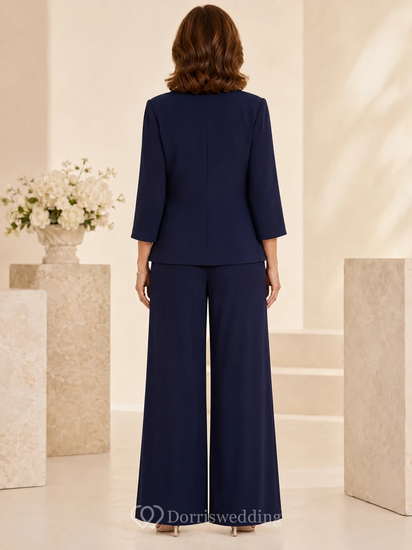 Mother Dark Navy Chiffon Pantsuit with V-Neck Short Jacket and Wide Leg Pants view 2