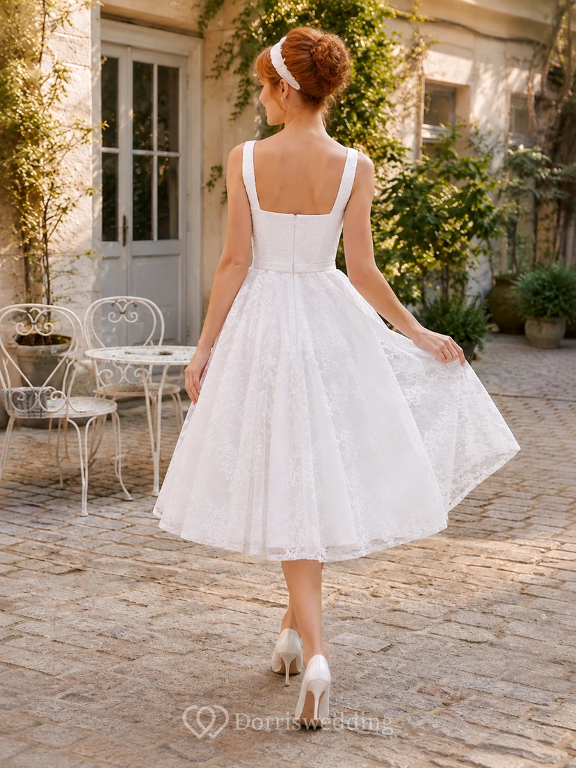 Civil Square Neck Lace Tea-Length A-Line Wedding Dress view 2